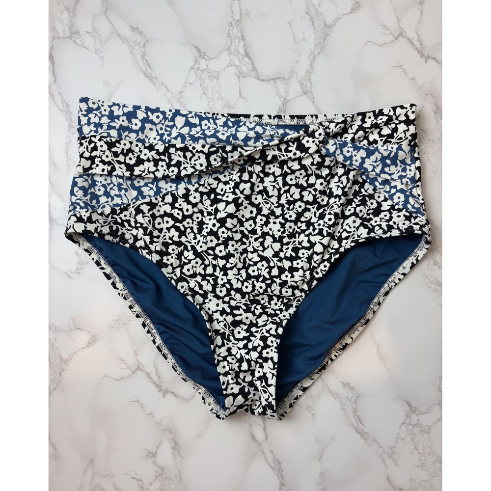 Lands‎ End High Waisted Floral Bikini Bottoms Navy White Size 12 Beachwear Swim
